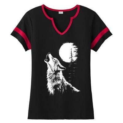 Graphic Wolf Howling Moon Forest Nature Wildlife Animal Ladies Halftime Notch Neck Tee