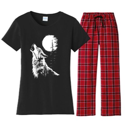 Graphic Wolf Howling Moon Forest Nature Wildlife Animal Women's Flannel Pajama Set