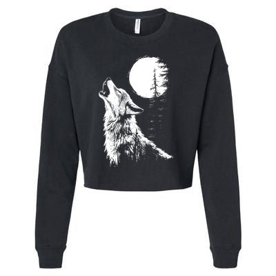 Graphic Wolf Howling Moon Forest Nature Wildlife Animal Cropped Pullover Crew