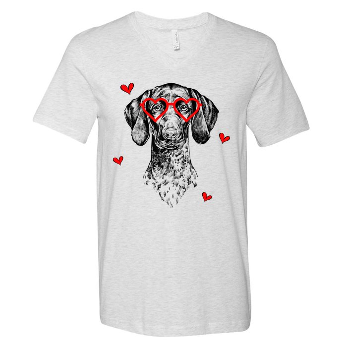 GSP With Heart Glasses Valentines Day Dog Mom V-Neck T-Shirt