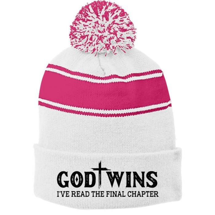 God Wins I Ve Read The Final Chapter Christian Cross Stripe Pom Pom Beanie