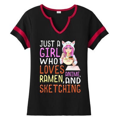 Girl Who Loves Anime Ramen And Sketching Kawaii Teen Ladies Halftime Notch Neck Tee