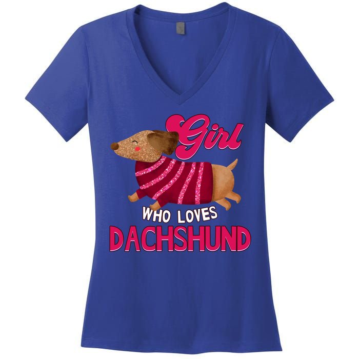 Girl Who Loves Dachshund Cute Puppy Dog Doggy Lover Gift Women's V-Neck T-Shirt