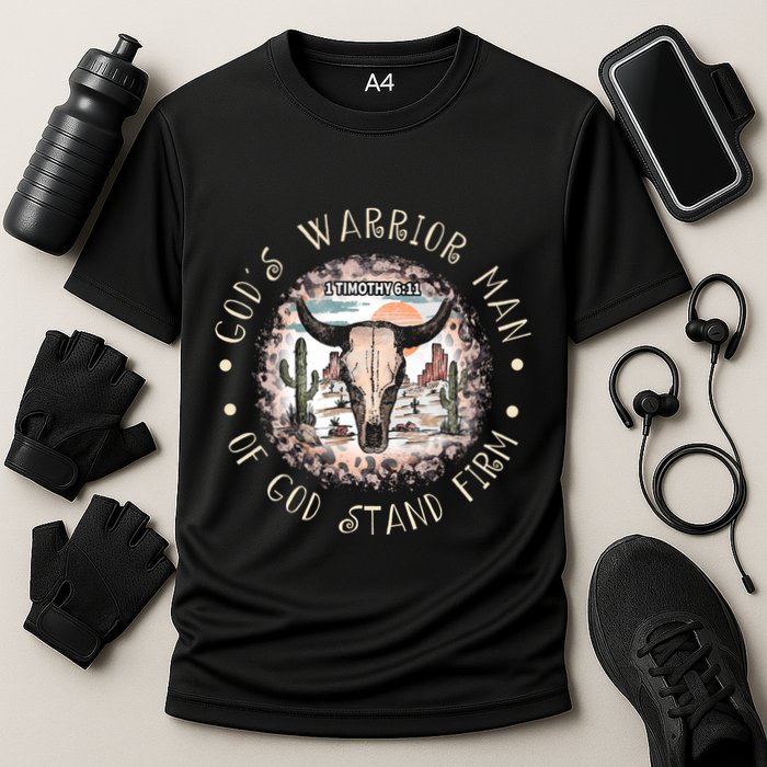 God&39;S Warrior Man Of God Stand Firm Bull Skull Desert Cooling Performance Crew T-Shirt