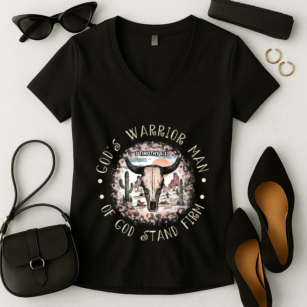 God&39;S Warrior Man Of God Stand Firm Bull Skull Desert Women's V-Neck T-Shirt