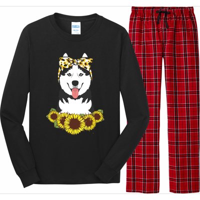 Girl Women Mom Siberian Husky Dog Sunflower Puppy Lover Long Sleeve Pajama Set