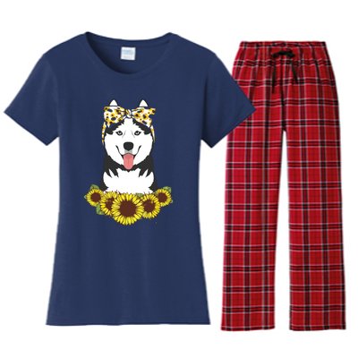 Girl Women Mom Siberian Husky Dog Sunflower Puppy Lover Women's Flannel Pajama Set