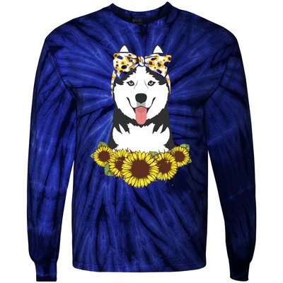 Girl Women Mom Siberian Husky Dog Sunflower Puppy Lover Tie-Dye Long Sleeve Shirt