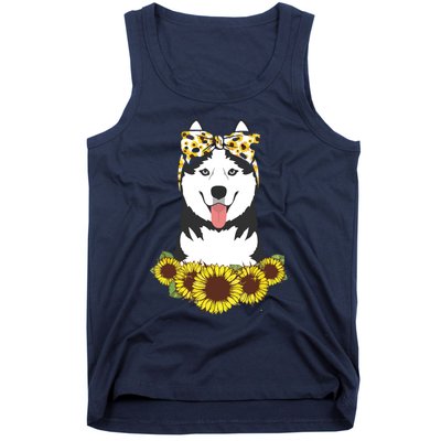 Girl Women Mom Siberian Husky Dog Sunflower Puppy Lover Tank Top