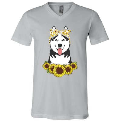 Girl Women Mom Siberian Husky Dog Sunflower Puppy Lover V-Neck T-Shirt