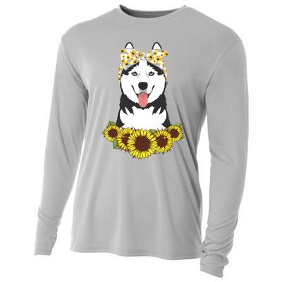 Girl Women Mom Siberian Husky Dog Sunflower Puppy Lover Cooling Performance Long Sleeve Crew