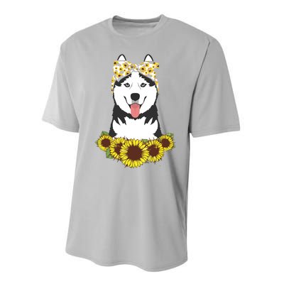 Girl Women Mom Siberian Husky Dog Sunflower Puppy Lover Performance Sprint T-Shirt