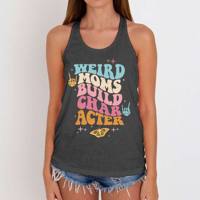 Groovy Weird Moms Build Character, Overstimulated Mom (Back) Women's Knotted Racerback Tank