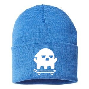 Ghost With Middle Fingers On Skateboard Lazy Funny Halloween Cool Gift Sustainable Knit Beanie