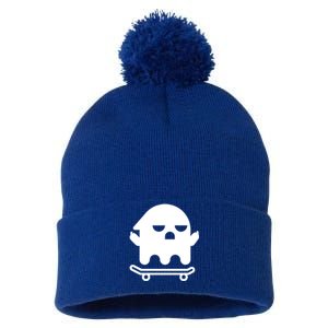 Ghost With Middle Fingers On Skateboard Lazy Funny Halloween Cool Gift Pom Pom 12in Knit Beanie