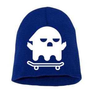 Ghost With Middle Fingers On Skateboard Lazy Funny Halloween Cool Gift Short Acrylic Beanie