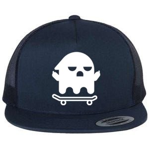 Ghost With Middle Fingers On Skateboard Lazy Funny Halloween Cool Gift Flat Bill Trucker Hat