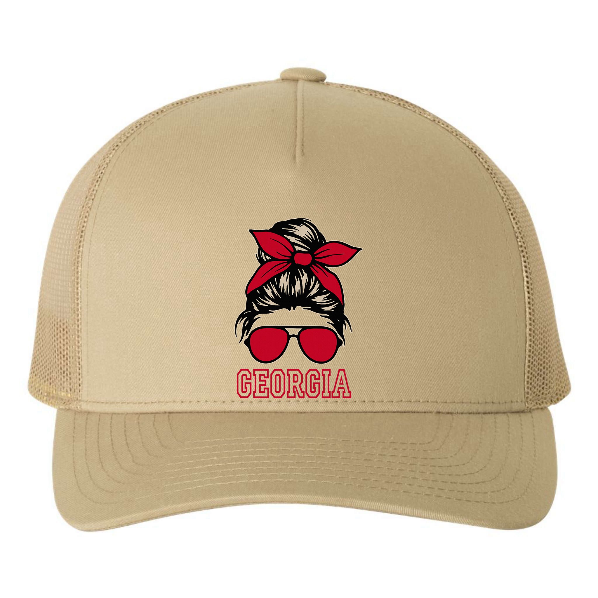 Georgia Women Mom Messy Bun Hair. Yupoong Adult 5-Panel Trucker Hat