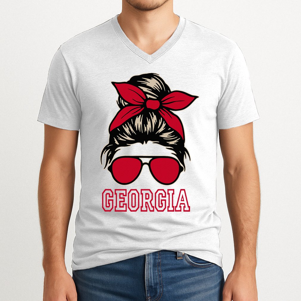 Georgia Women Mom Messy Bun Hair. V-Neck T-Shirt