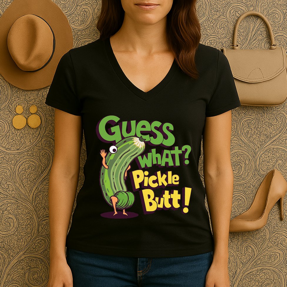 Guess What Pickle Butt! Funny Cucumber Meme Pickle Joke Women's V-Neck T-Shirt