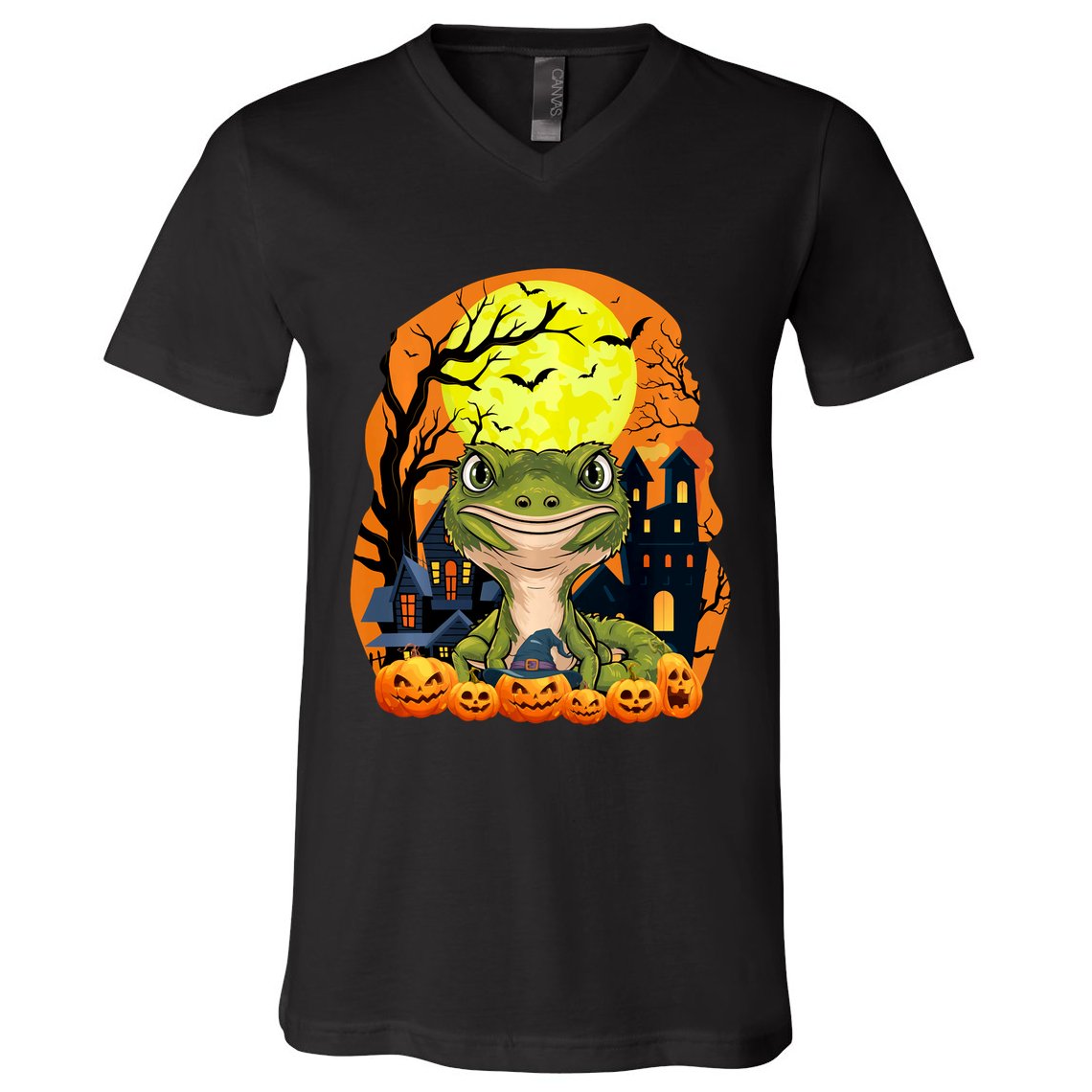 Gecko With Pumpkins Funny Scary Halloween Party V-Neck T-Shirt