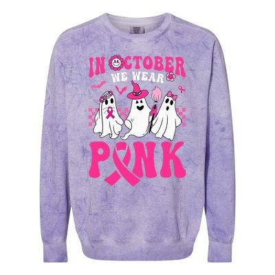 Groovy Wear Pink Breast Cancer Warrior Ghost Halloween Colorblast Crewneck Sweatshirt