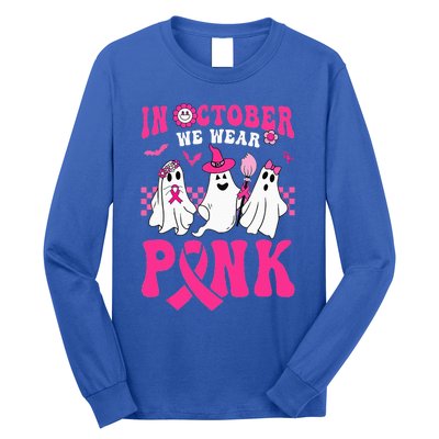 Groovy Wear Pink Breast Cancer Warrior Ghost Halloween Long Sleeve Shirt