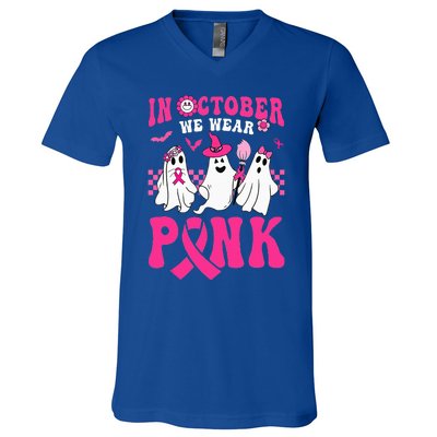 Groovy Wear Pink Breast Cancer Warrior Ghost Halloween V-Neck T-Shirt