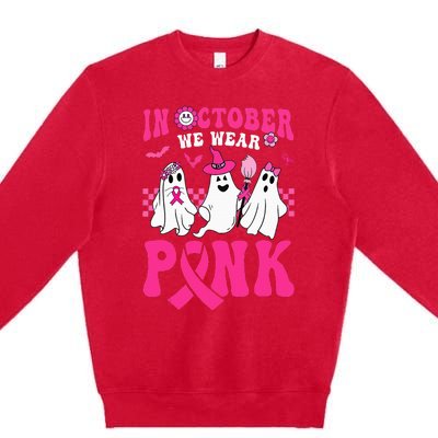 Groovy Wear Pink Breast Cancer Warrior Ghost Halloween Premium Crewneck Sweatshirt