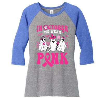 Groovy Wear Pink Breast Cancer Warrior Ghost Halloween Women's Tri-Blend 3/4-Sleeve Raglan Shirt