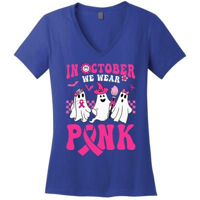 Groovy Wear Pink Breast Cancer Warrior Ghost Halloween Women's V-Neck T-Shirt