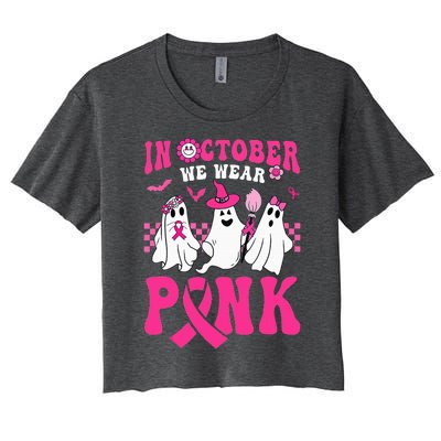 Groovy Wear Pink Breast Cancer Warrior Ghost Halloween Women's Crop Top Tee