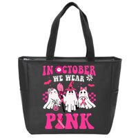 Groovy Wear Pink Breast Cancer Warrior Cute Ghost Halloween Zip Tote Bag