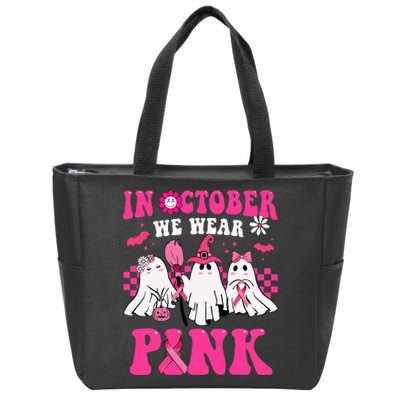 Groovy Wear Pink Breast Cancer Warrior Cute Ghost Halloween Zip Tote Bag