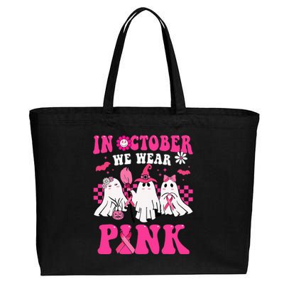 Groovy Wear Pink Breast Cancer Warrior Cute Ghost Halloween Cotton Canvas Jumbo Tote