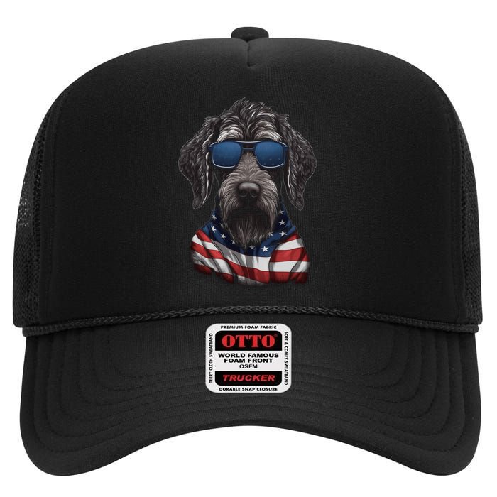 German WireHaired Pointer American Flag USA Tee 4th July High Crown Mesh Back Trucker Hat