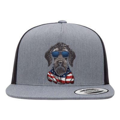 German WireHaired Pointer American Flag USA Tee 4th July Flat Bill Trucker Hat