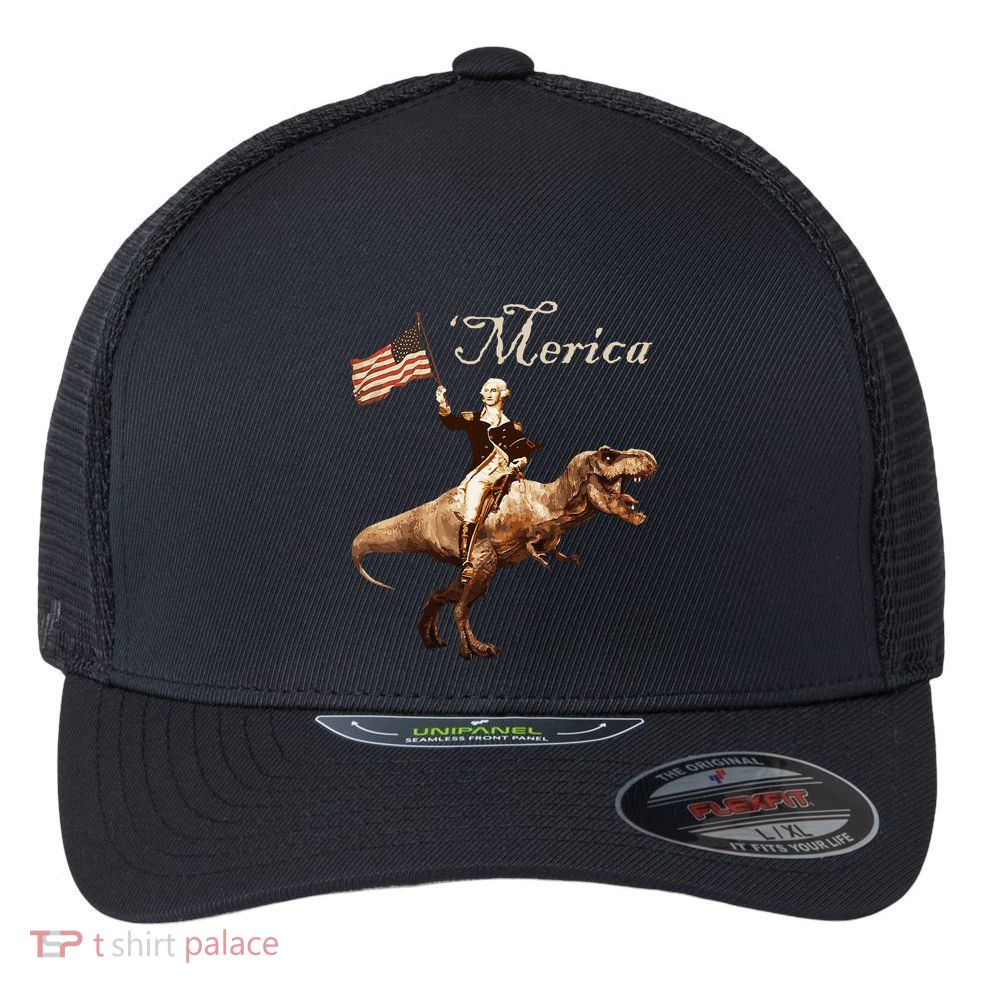 George Washington Riding A Tyrannosaurus Rex Merica Flexfit Unipanel Trucker Cap