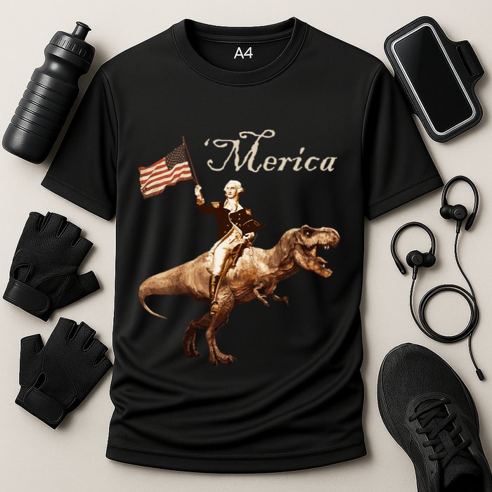 George Washington Riding A Tyrannosaurus Rex Merica Cooling Performance Crew T-Shirt