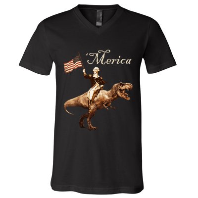 George Washington Riding A Tyrannosaurus Rex Merica V-Neck T-Shirt