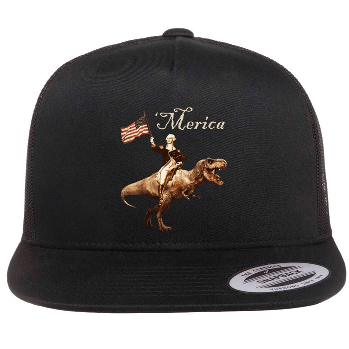 George Washington Riding A Tyrannosaurus Rex Merica Flat Bill Trucker Hat