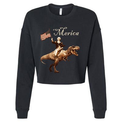George Washington Riding A Tyrannosaurus Rex Merica Cropped Pullover Crew