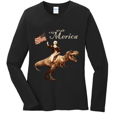 George Washington Riding A Tyrannosaurus Rex Merica Ladies Long Sleeve Shirt