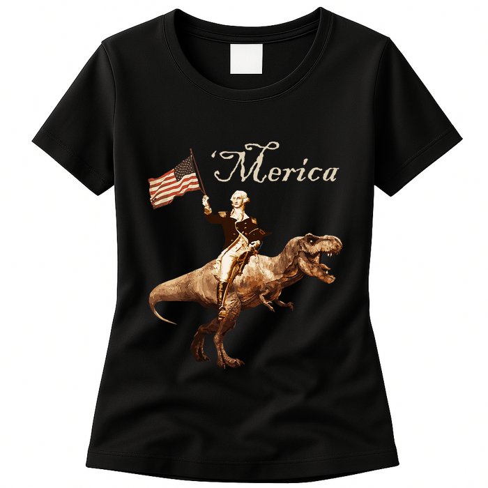 George Washington Riding A Tyrannosaurus Rex Merica Womens T-Shirt