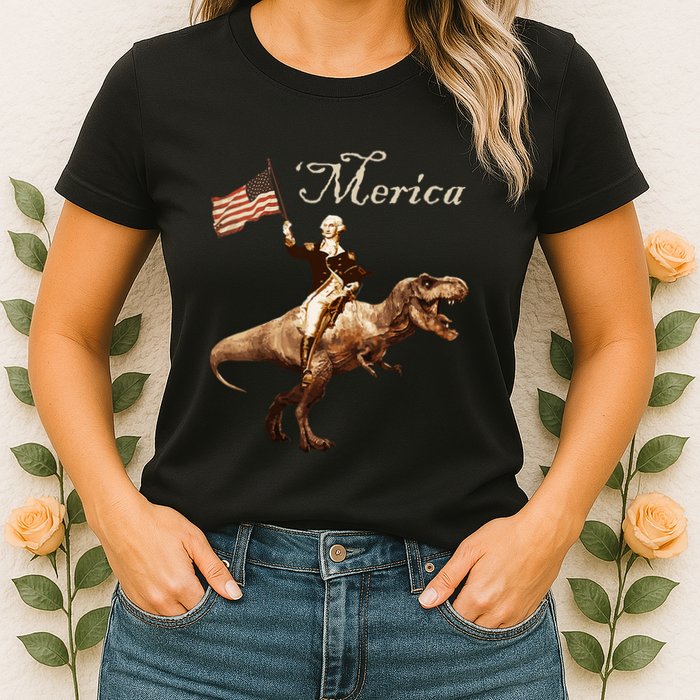 George Washington Riding A Tyrannosaurus Rex Merica Womens T-Shirt