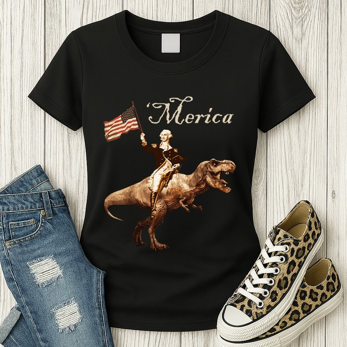 George Washington Riding A Tyrannosaurus Rex Merica Womens T-Shirt