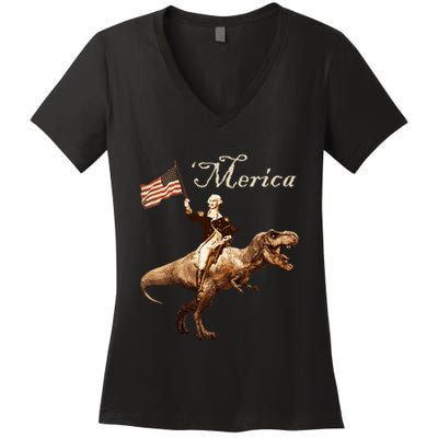 George Washington Riding A Tyrannosaurus Rex Merica Women's V-Neck T-Shirt