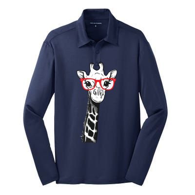 Giraffe With Red Glasses Gift For Zoo Animal Lovers Silk Touch Performance Long Sleeve Polo