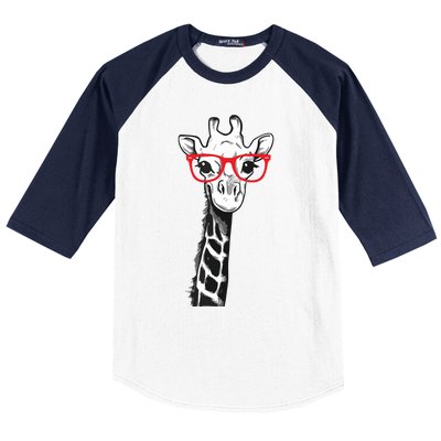 Giraffe With Red Glasses Gift For Zoo Animal Lovers Baseball Sleeve Shirt