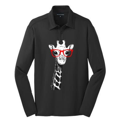 Giraffe With Red Glasses Gift For Zoo Animal Lovers Gift Silk Touch Performance Long Sleeve Polo